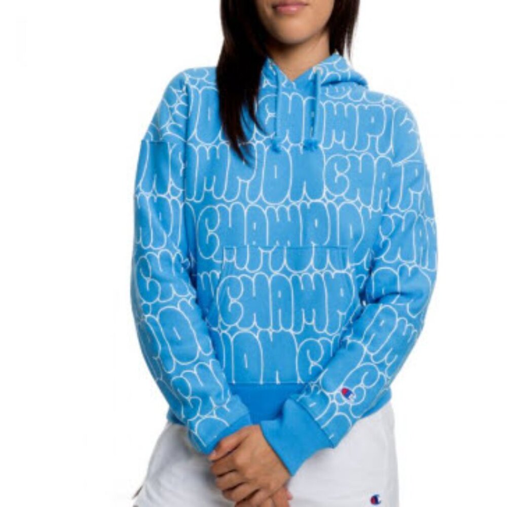 Champion Women's Reverse Weave Hoodie with Bubble Logo All Over Print Size M EUC